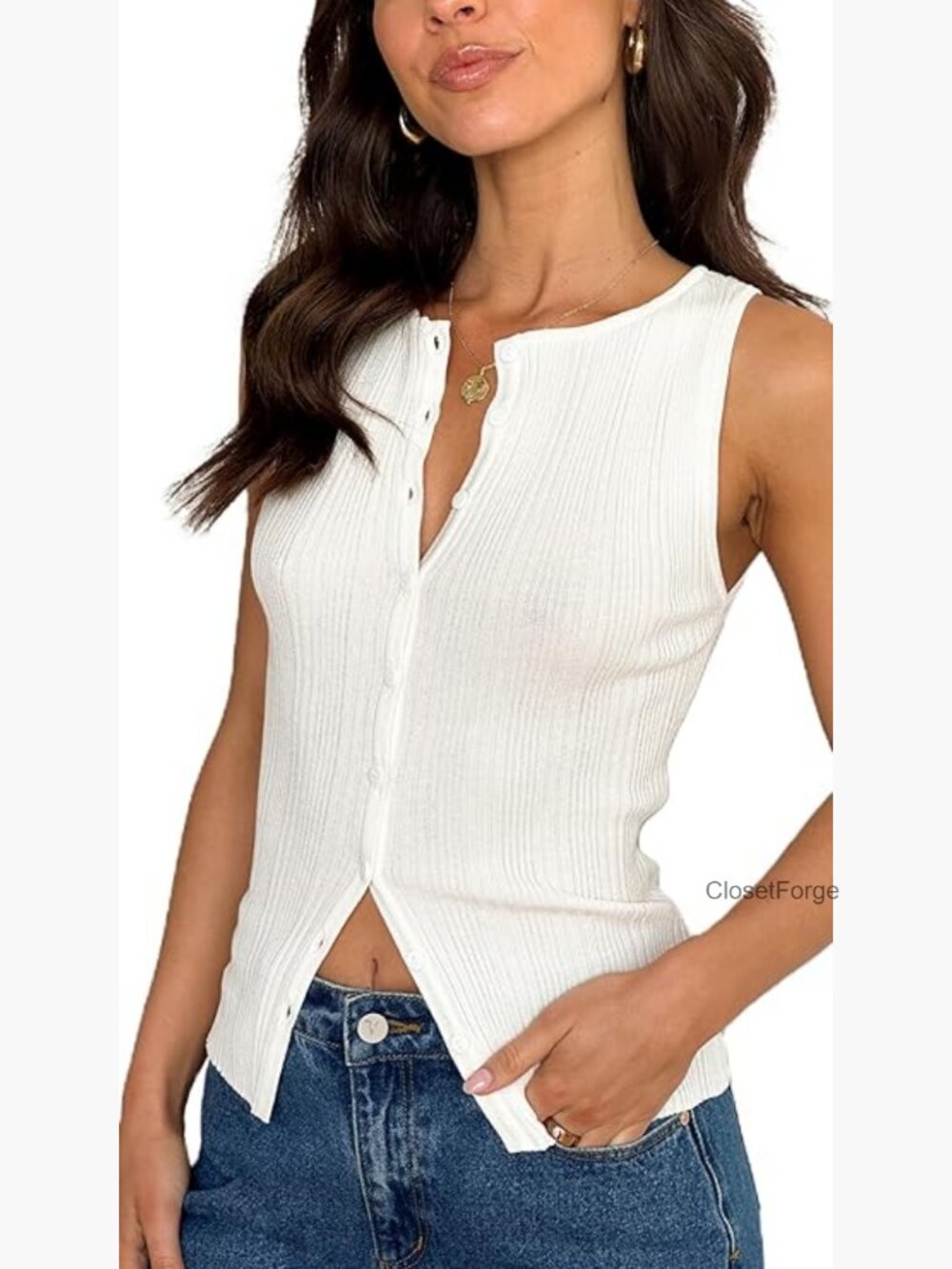 Button Front Knitted Vest Tank Top Sleeveless Slim Fit Dressy Top